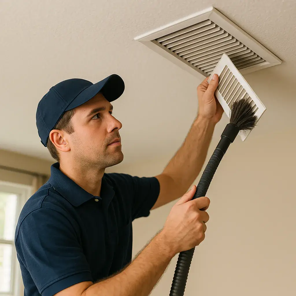 HVAC technician using a vacuum hose with brush attachment to clean a ceiling air vent in a well-lit home, improving indoor air quality